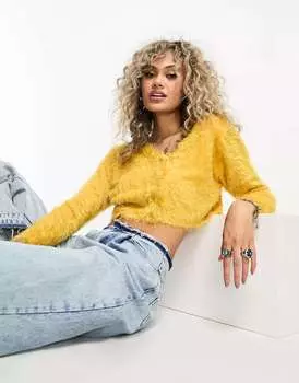 Кардиган свободного кроя COLLUSION из пушистой пряжи желтого цвета