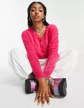 Кардиган свободного кроя из пушистой пряжи COLLUSION розового цвета