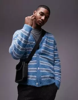 Кардиган свободного кроя с начесом в сине-белую полоску Topman