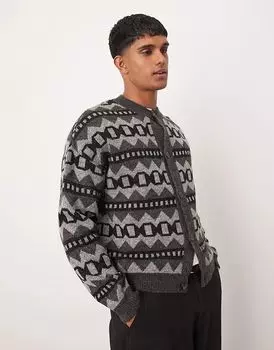 Кардиган свободного кроя с пушистым ацтекским узором серого цвета ASOS DESIGN