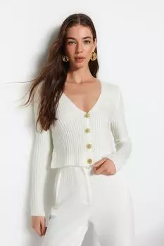 Кардиган укороченный Trendyol с V-образным вырезом, экрю