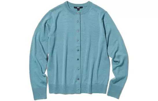 Кардиган Uniqlo Extra Fine Merino Crew Neck, , бирюзовый
