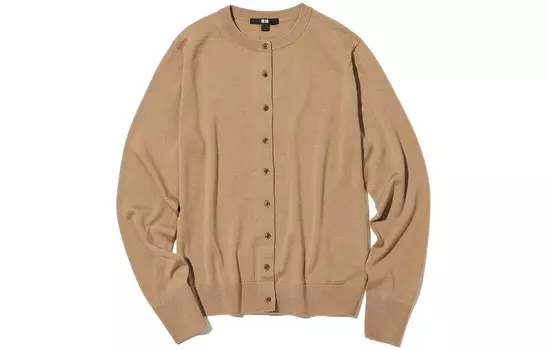Кардиган Uniqlo Extra Fine Merino Crew Neck, темно-бежевый