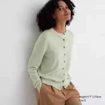 Кардиган Uniqlo женский из шерсти мериноса с круглым вырезом, светло-зеленый