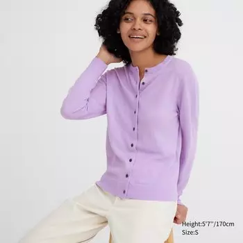 Кардиган Uniqlo женский из шерсти мериноса с круглым вырезом, светло-фиолетовый