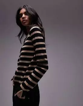 Кардиган в полоску на пуговицах в темно-синем и коричневом цветах Mango