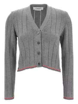 Кардиган в рубчик с V-образным вырезом THOM BROWNE, серый