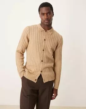 Кардиган в рубчик с воротником и классической посадкой ASOS DESIGN бежевого цвета