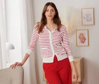 Кардиган в стиле букле Tchibo, красно-белая полоска