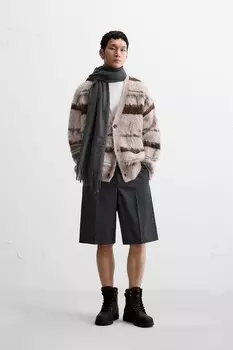 Кардиган в текстурную полоску с потрепанными деталями ZARA, экрю