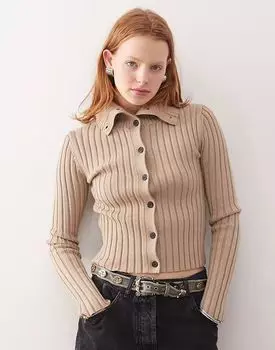 Кардиган Weekday Jackie в рубчик с высокой горловиной, бежевого цвета