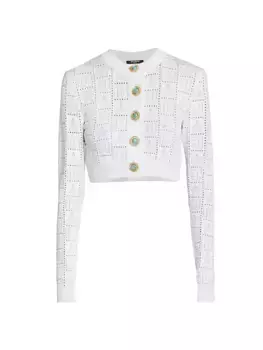 Кардиган вязки пуантель с монограммой Balmain, белый