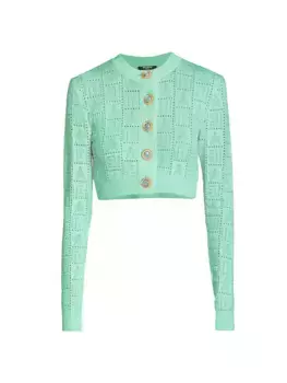 Кардиган вязки пуантель с монограммой Balmain, цвет mint green
