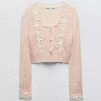 Кардиган Zara ointelle Knit With Lace, светло-розовый