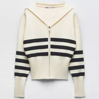 Кардиган Zara Striped Knit, светло-бежевый/темно-синий