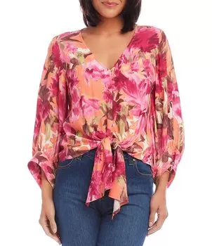 Karen Kane, миниатюрный размер, тканый браслет с v-образным вырезом и длинными рукавами, топ с завязкой спереди, цветочный