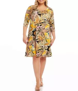 Karen Kane Платье трапециевидной формы длиной до колена с рукавами 3/4 и тропическим цветочным принтом больших размеров, цветочный
