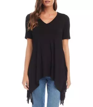 Karen Kane Топ с короткими рукавами и бахромой в виде акульего укуса, черный