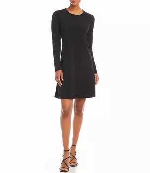 Karen Kane Трикотажное мини-платье трапециевидной формы с круглым вырезом и длинными рукавами и карманами, черный