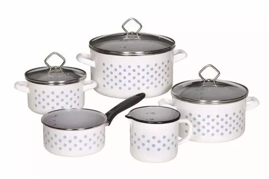 Карл Крюгер 5 шт. Набор эмалированных кастрюль серии "Балтрум", эмалированный, для всех типов плит, с литровой шкалой, с хромированным ободком, эмалированными ручками и клапаном Karl Krueger