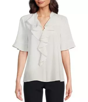 KARL LAGERFELD PARIS Блузка с короткими рукавами и оборками спереди и V-образным вырезом, белый