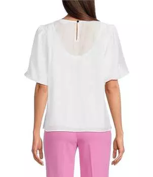 KARL LAGERFELD PARIS Блузка с круглым вырезом и короткими рукавами-буфами, белый