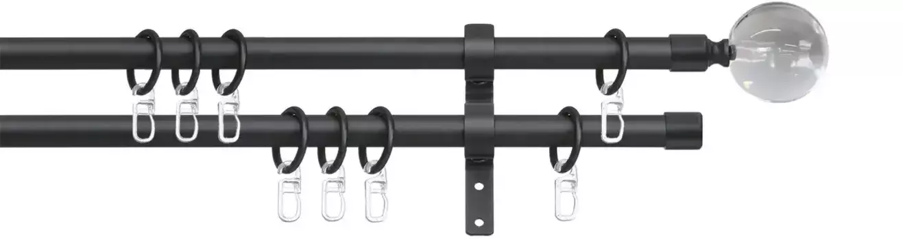 Карниз для штор Indeko "Ball Glass Clear", 2 направляющие, фиксированный размер, полный комплект, включая кольца и крепежный материал 240 см, 16мм, черный