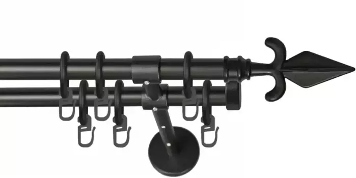 Карниз GARESA "РУСТИКА", 2 направляющие, желаемая длина, комплект штор в стиле рустик, выдвижной, с кольцами, концевая кнопка стрелка 440 см, 16мм, черный