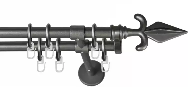 Карниз GARESA "РУСТИКА", 2 направляющие, желаемая длина, комплект штор в стиле рустик, выдвижной, с кольцами, концевая кнопка стрелка 190 см, 16мм, цвет graphit