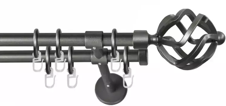 Карниз GARESA "РУСТИКА", 2 направляющие, желаемая длина, комплект штор в стиле рустик, выдвижной, с кольцами, торцевая корзина для пуговиц 380 см, 16мм, цвет graphit