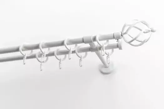 Карниз GARESA "РУСТИКА", 2 направляющие, желаемая длина, комплект штор в стиле рустик, выдвижной, с кольцами, торцевая корзина для пуговиц 250 см, 16мм, белый