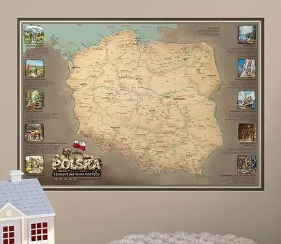 КАРТА ПОЛЬШИ ДЛЯ ДЕТЕЙ - развивающая приключенческая карта на стену 100х70 см. Inna marka