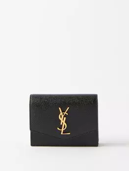 Картхолдер из зерненой кожи ysl с пластинкой Saint Laurent, черный
