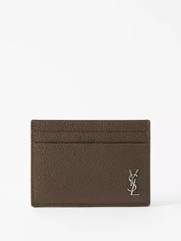 Картхолдер из зерненой кожи ysl с пластинкой Saint Laurent, коричневый