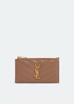 Картхолдер SAINT LAURENT Cassandre fragments zipped card case, коричневый