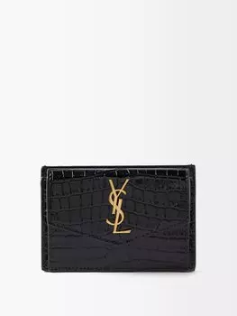 Картхолдер uptown ysl с металлической пластинкой и тиснением под кожу крокодила Saint Laurent, черный