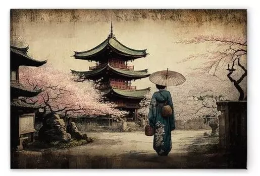 Картина на холсте A.S. Cration Pagoda Vintage цвет beigeblauschwarzrosa