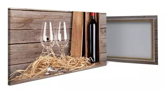 Картина на холсте: бутылка красного вина и бокалы для вина M0848 – 60х40см wandmotiv24, коричневый