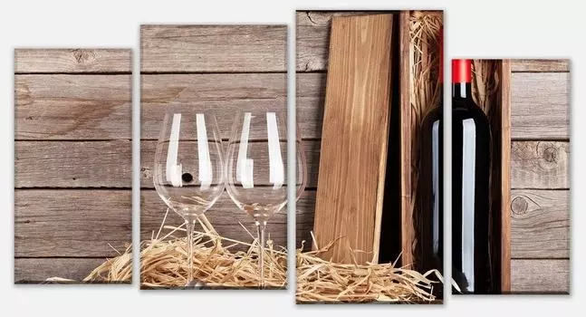 Картина на холсте, состоящая из нескольких частей: бутылка красного вина и бокалы для вина M0848 - вариант 2 - 180 x 100см wandmotiv24, коричневый