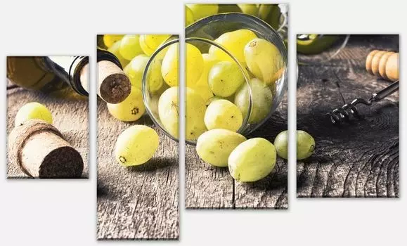Картина на холсте, состоящая из нескольких частей: бутылка белого вина, виноград и пробки M0836 - вариант 3 - 180 х 115см wandmotiv24, зеленый