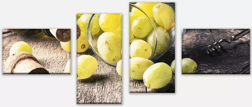 Картина на холсте, состоящая из нескольких частей: бутылка белого вина, виноград и пробки M0836 - вариант 4 - 200 х 90см wandmotiv24, зеленый