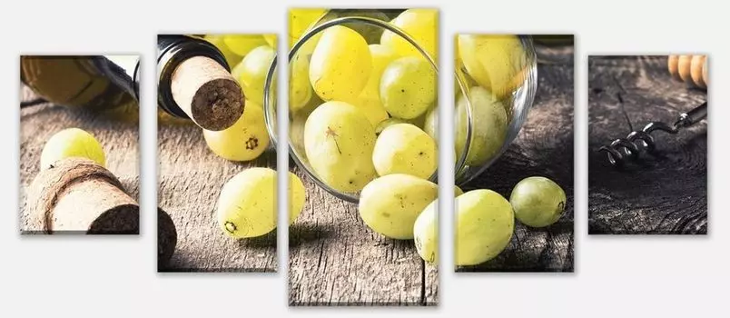 Картина на холсте, состоящая из нескольких частей: бутылка белого вина, виноград и пробки M0836 - вариант 1 - 210 х 100см wandmotiv24, зеленый