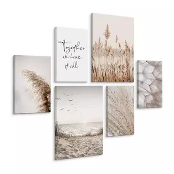 Картины на холсте Muralo Set Strand Pflanzen Zitat цвет beige/braun/grau