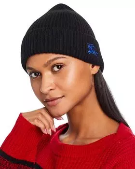 Кашемировая шапка в рубчик с вышитым логотипом Burberry, цвет Black