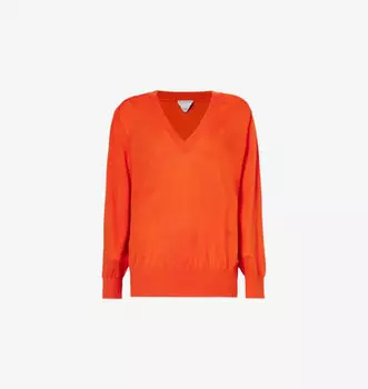 Кашемировый джемпер с фирменной вышивкой и V-образным вырезом Bottega Veneta, цвет poppy