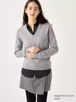 Кашемировый джемпер с v образным вырезом Uniqlo, серый