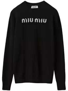 Кашемировый джемпер с жаккардовым логотипом MIU MIU, черный