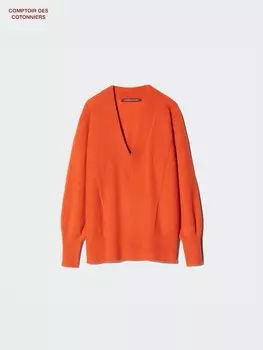 Кашемировый джемпер v-образный вырез Uniqlo, оранжевый