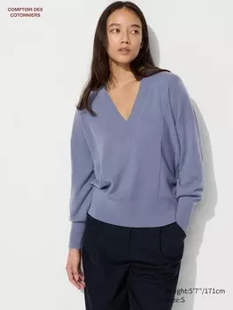 Кашемировый джемпер v-образный вырез Uniqlo, серый
