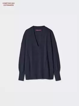 Кашемировый джемпер v-образный вырез Uniqlo, синий